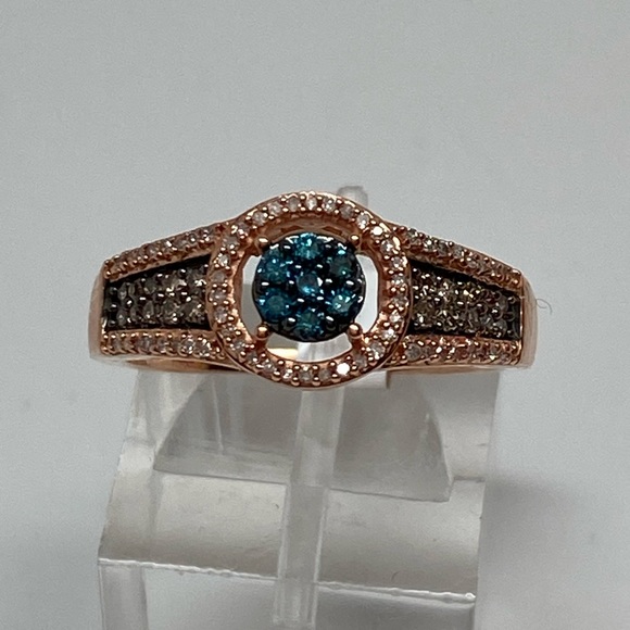 10K Rose Gold Pave Set Blue Champagne and White Diamond Cluster Ring 0.35ct New - Picture 6 of 13